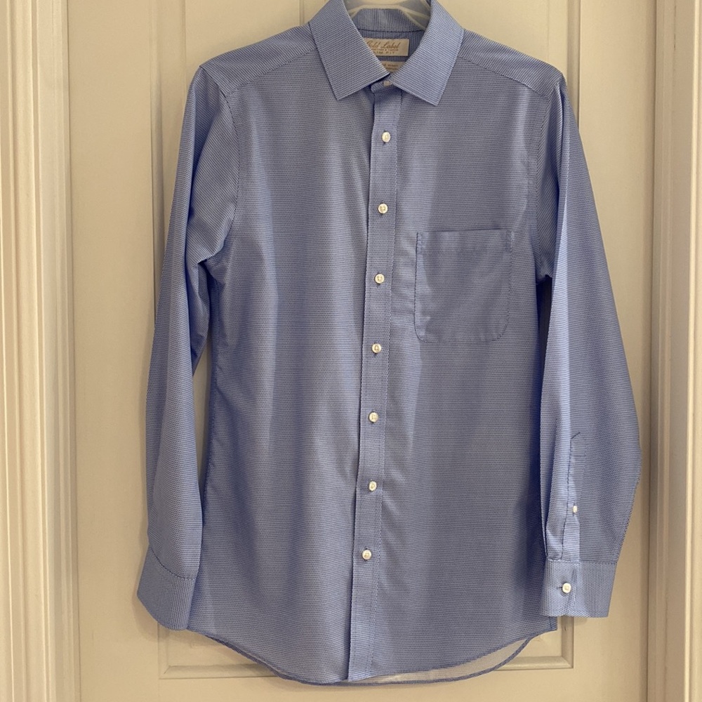 Mens Gold Label blue long sleeve button down slim fit non-iron dress shirt - Picture 2 of 11